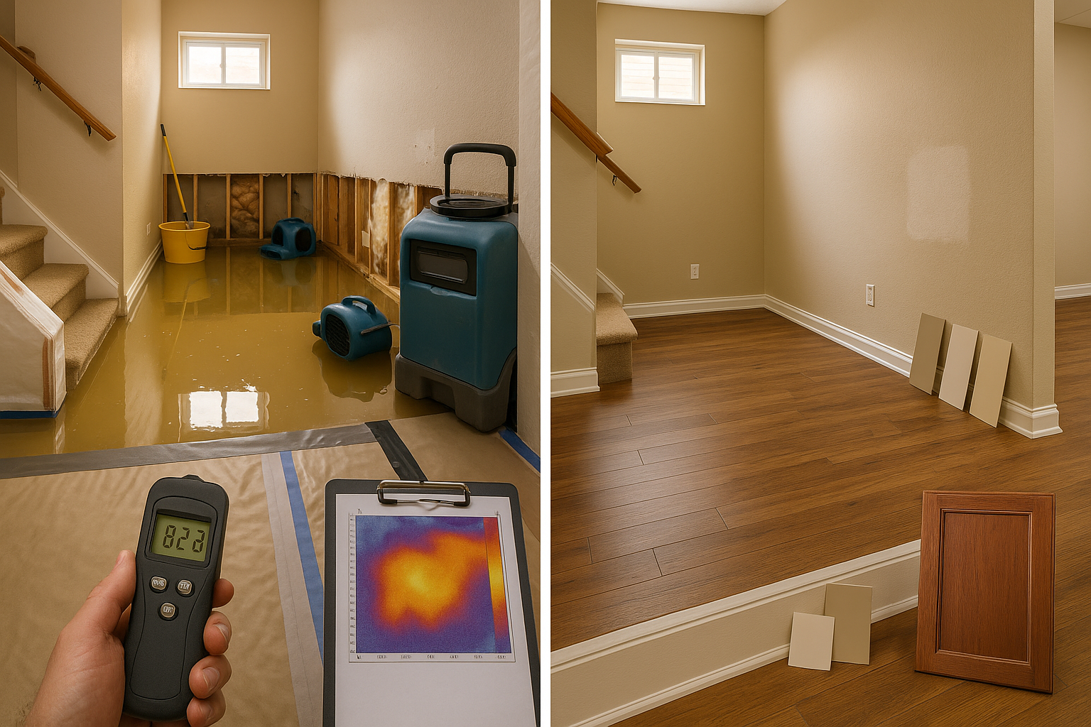 Split-frame photoreal basement before (flooded, sump pump, cut drywall) and after (patched drywall, matched paint, repaired floor) in warm daylight.