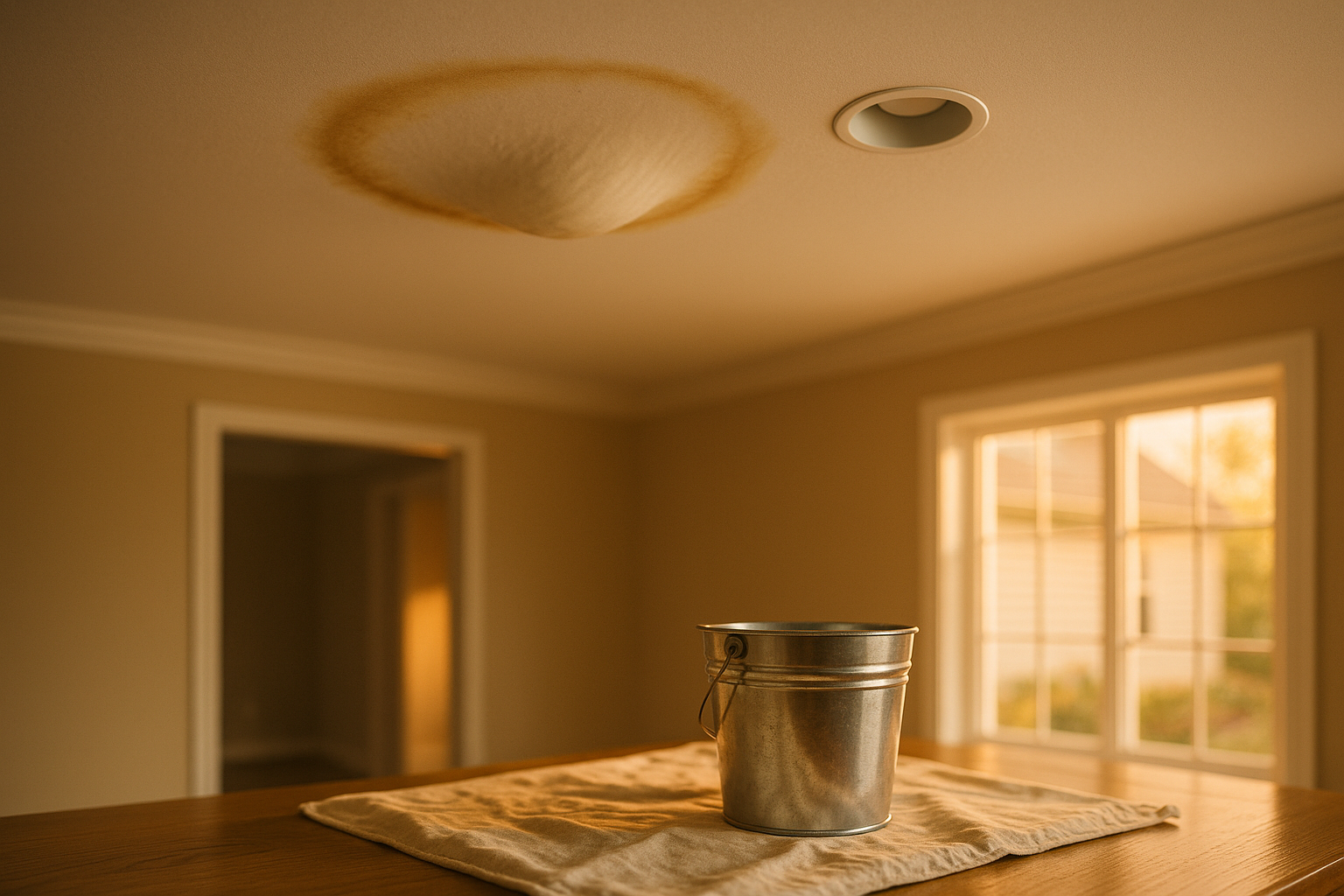 Close-up of dinner-plate ceiling water stain with yellow tannin edge, sagging drywall near inactive light box, bucket on drop cloth.