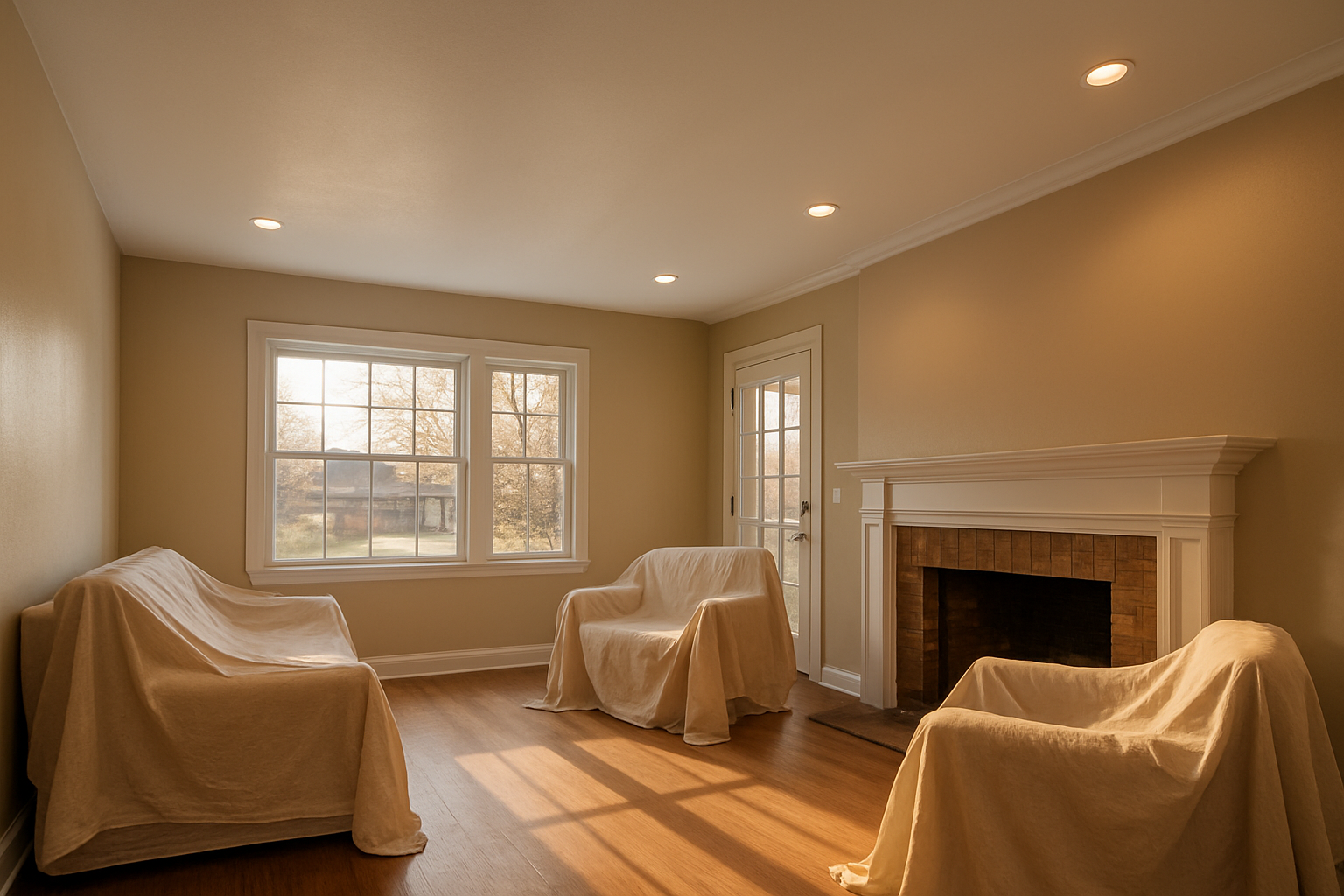 Finished seamless ceiling in warm daylight, freshly painted, recessed lights, protective covers on furniture.