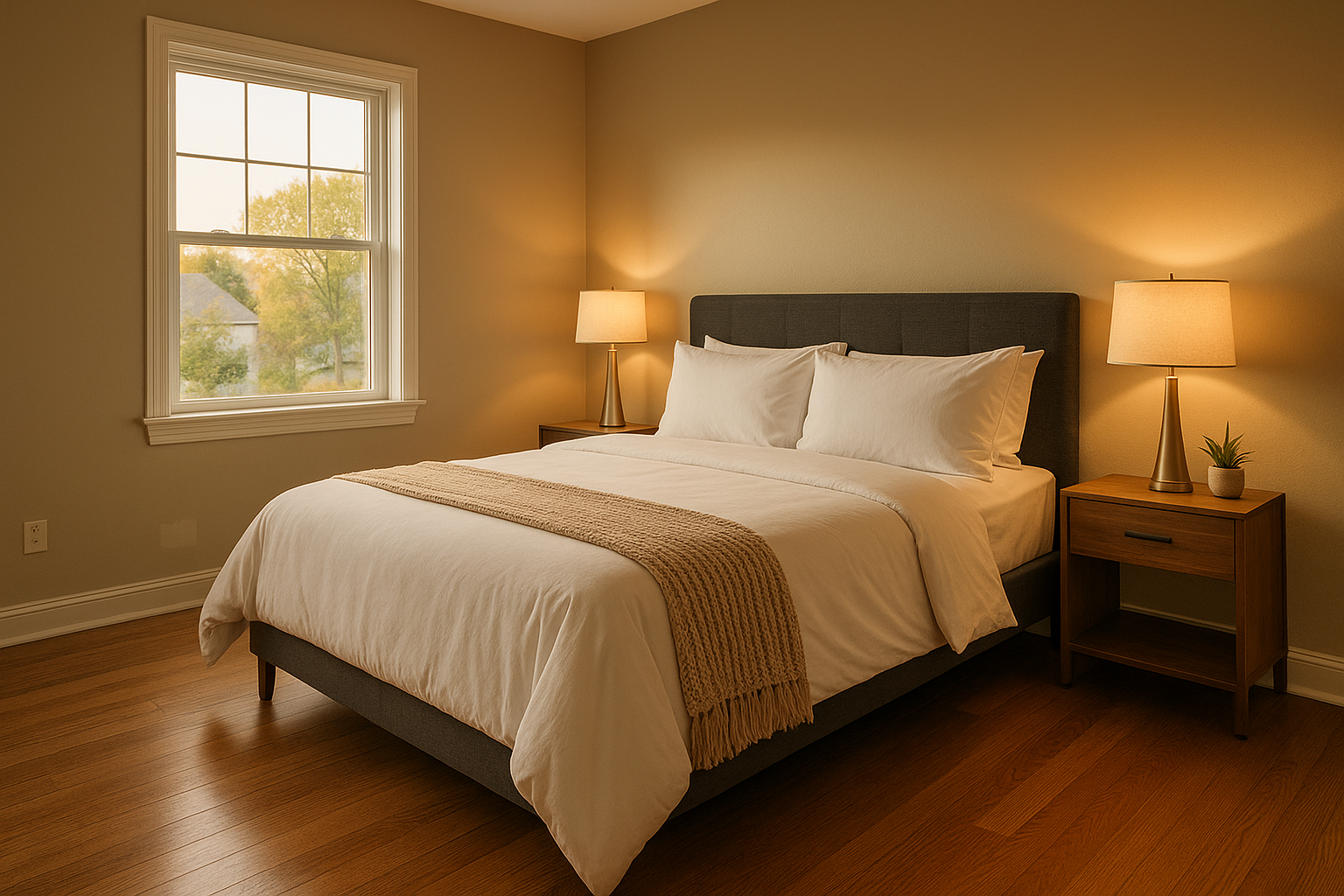 Sunlit staged rental bedroom with crisp linens, fresh paint patch, warm wood floors, and clean surfaces in an Indianapolis suburb.