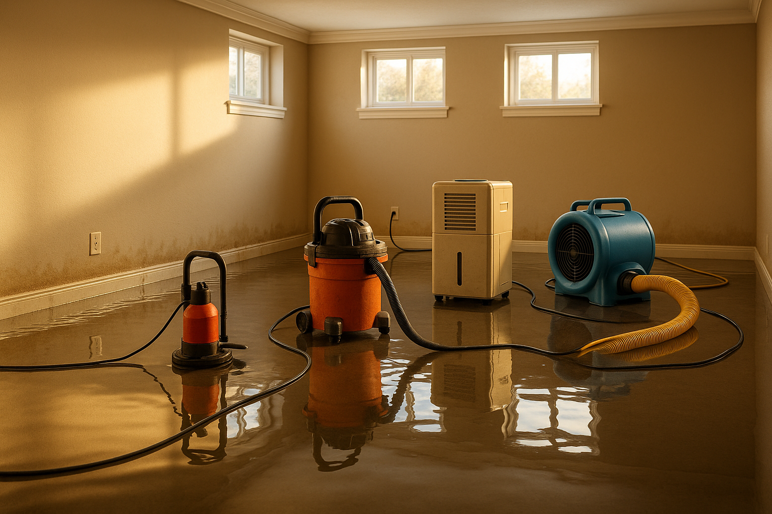 Basement with 1–4 in. standing water, waterline on drywall, pump and dehumidifiers, warm daylight.