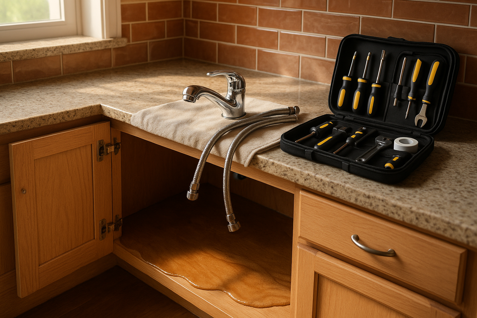 Kitchen cabinet with pooled water, swollen plywood, disassembled faucet and toolkit on towel-lined counter in warm daylight.
