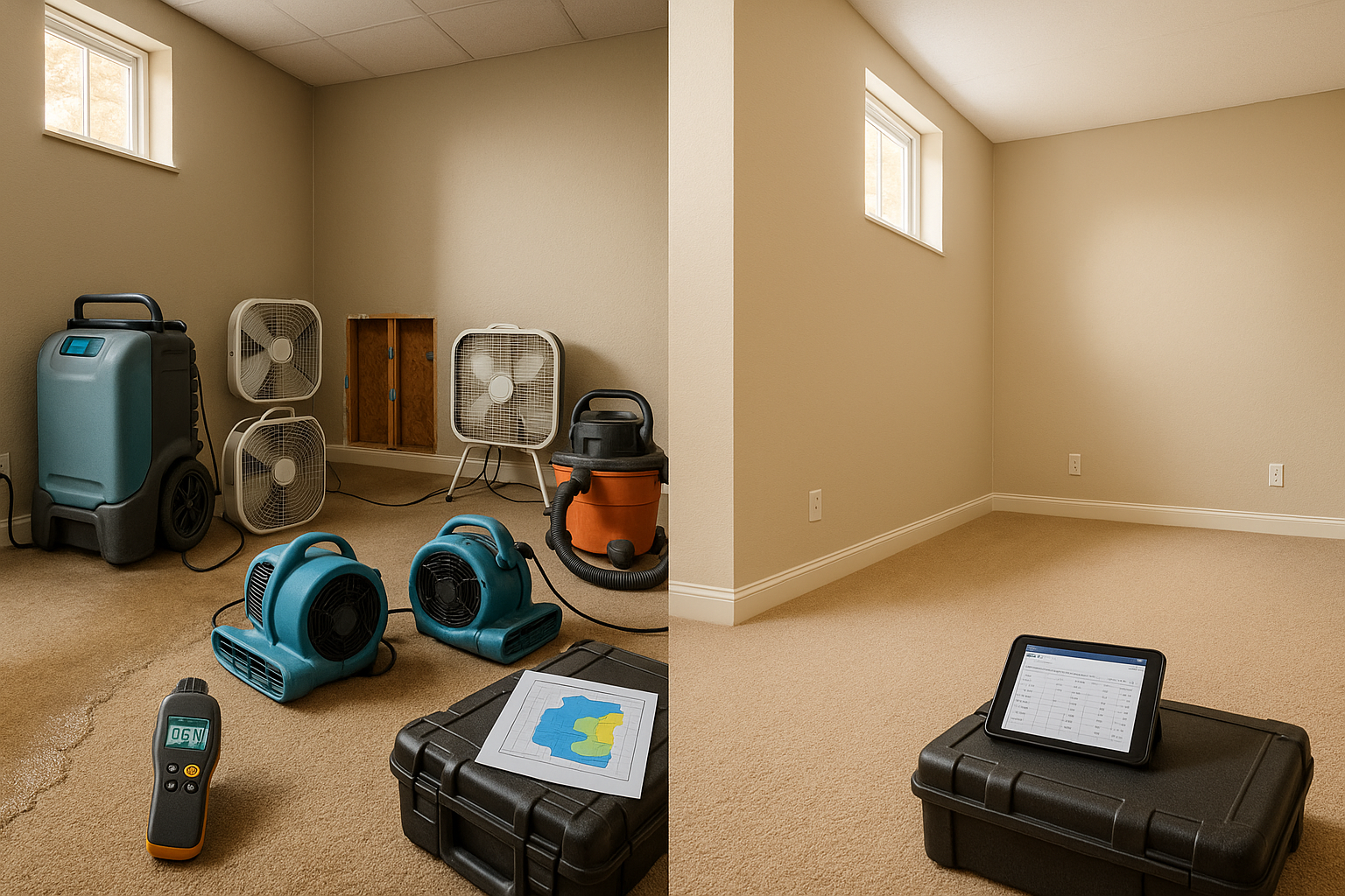Split-view finished basement before-and-after with drying gear, moisture meter, moisture map, and dried finish in warm daylight.