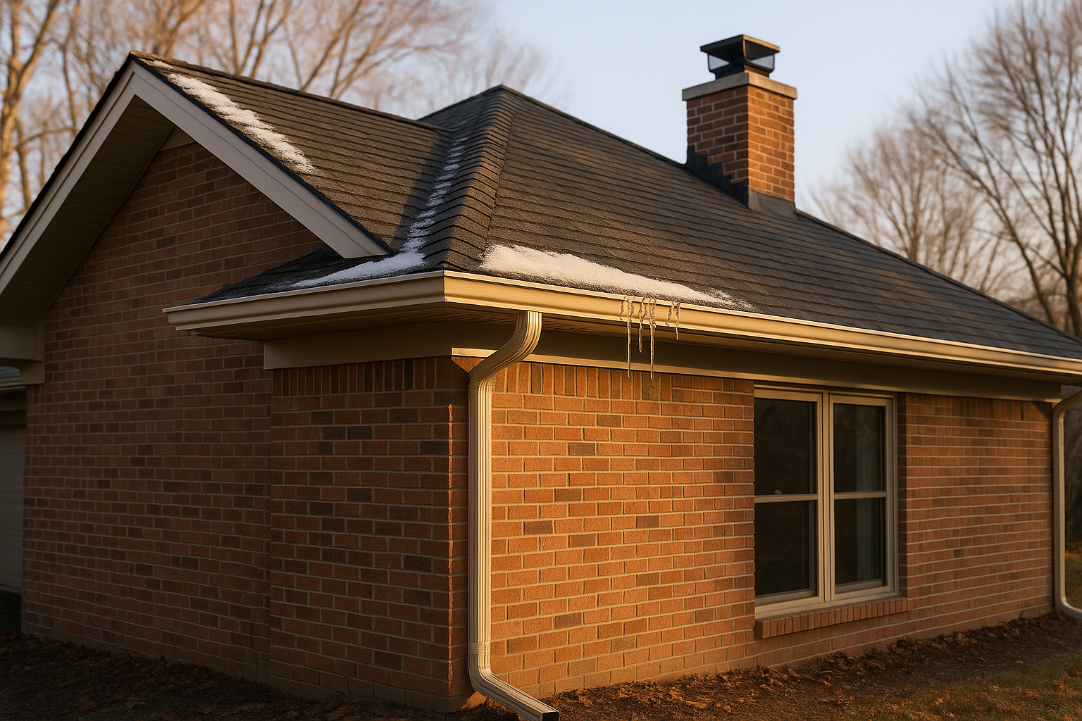 Corner-lot Indianapolis home at golden hour; snow on eave, icicles, gutter extension discharging 4-6 ft, chimney cap, late-fall setting.