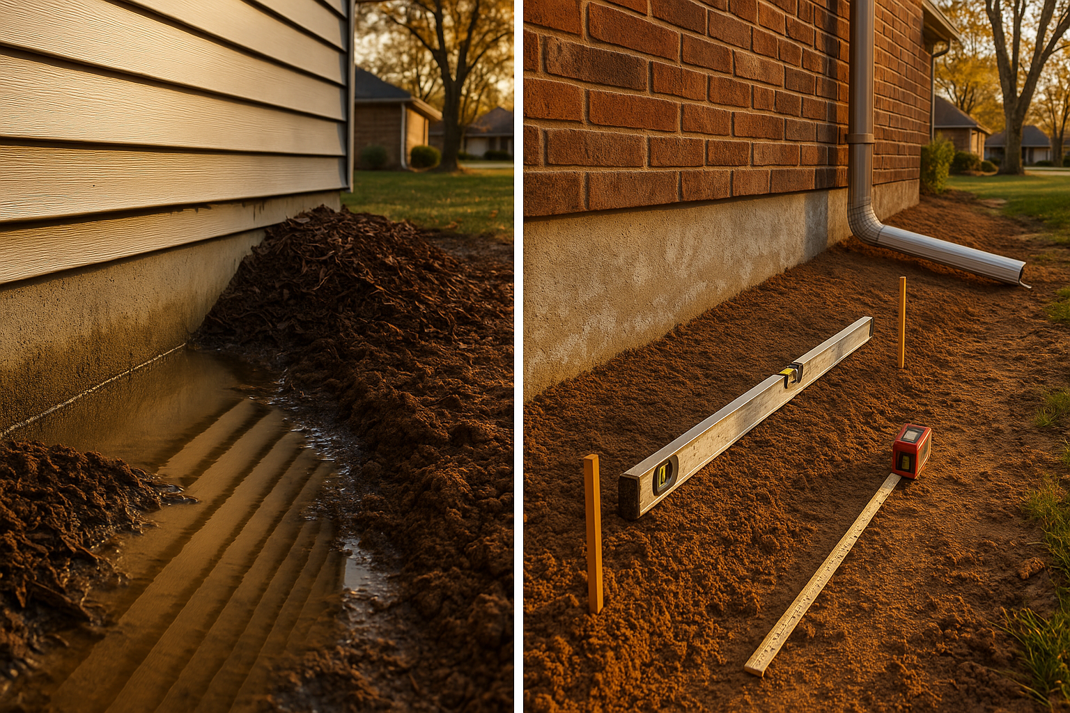 Split-frame: negative-grade foundation with puddle and washed mulch vs properly graded 2% slope with measuring level and 10-ft downspout extension, golden hour.