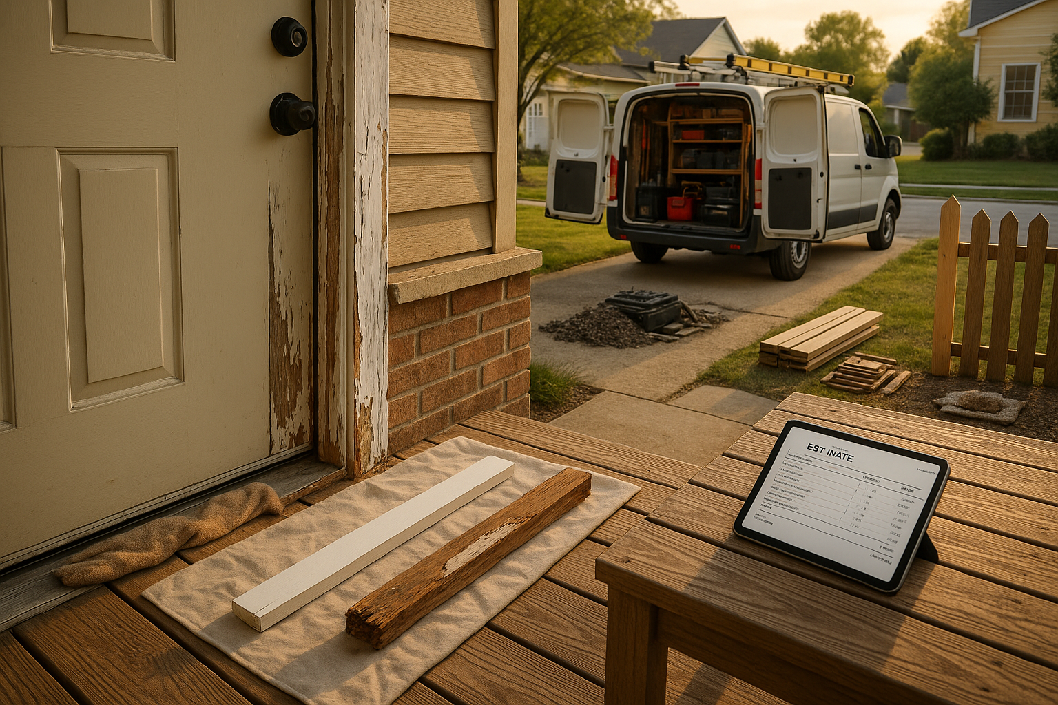 Front porch with door gap, towel at threshold, primed trim, tablet estimate and open handyman truck in warm golden hour.