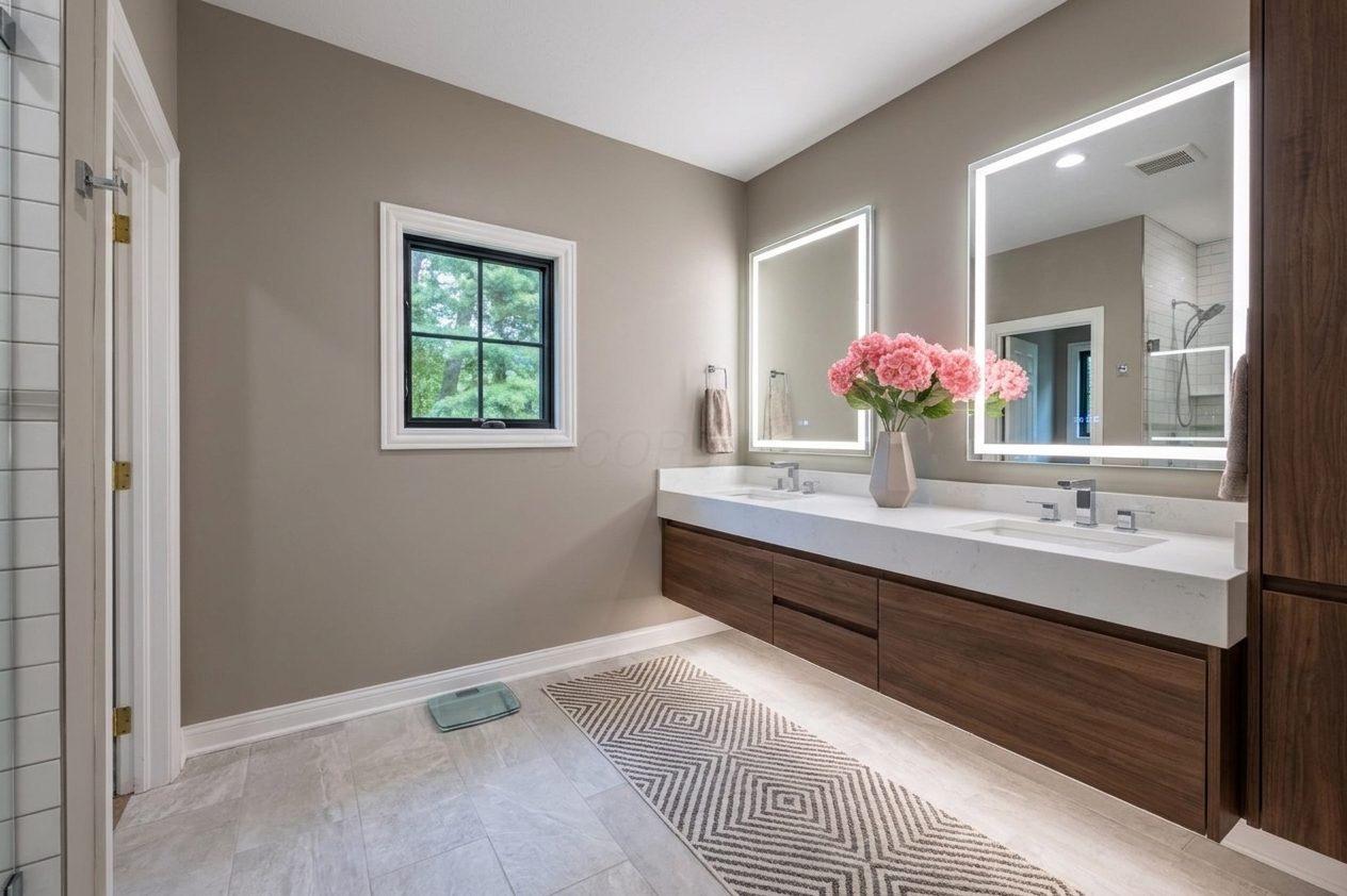 The same master bath after work — a floating walnut double vanity with a white quartz top, two backlit LED mirrors, warm greige walls, a black-framed window, and a glass shower enclosure at left.
