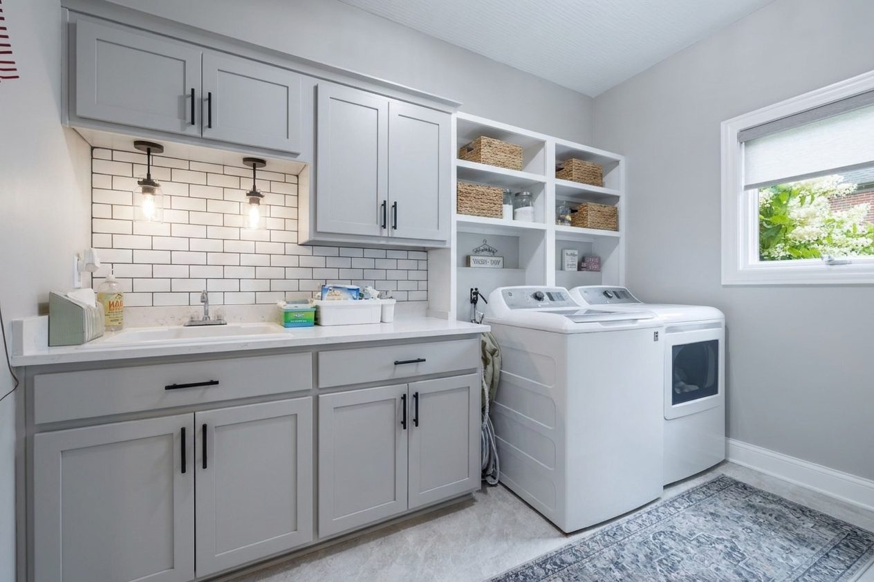 The same laundry room after work — light grey shaker cabinets with black bar pulls, a white quartz counter, white subway tile with dark grout, two black pendant lights over the sink, and open white cubbies with woven baskets.