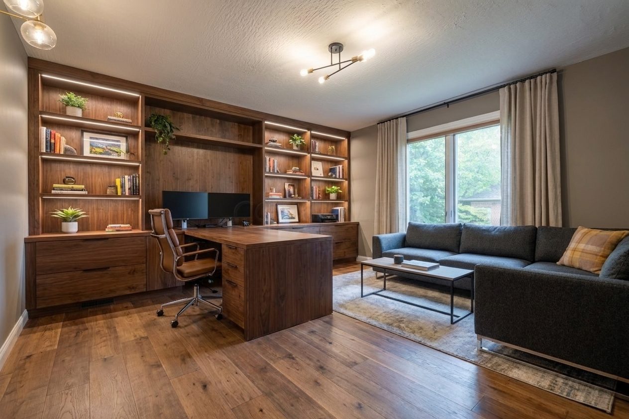 The same office after work — a full wall of walnut built-in shelving with integrated LED strips, a wrap-around walnut desk, wide-plank hardwood floor, linen curtains, and a black-and-brass ceiling fixture.